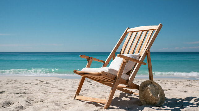 Leerer Holzstrandstuhl am Sandstrand mit t&uuml;rkisem Meer, klarer blauer Himmel, Symbol f&uuml;r Sommerurlaub und Entspannung.