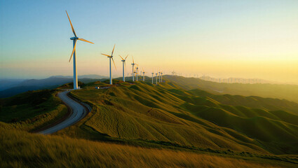 Wind turbines and winding access road on mountain ridge at sunset with mountain renewable industry © SpaceXstudio