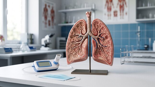 Cross-section anatomical model of human lungs with spirometer and medical mask in laboratory
