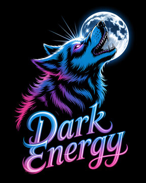 Neon wolf howling at the moon with Dark Energy text