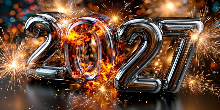 Glowing metallic 2027 text with burning zero surrounded by festive sparklers and warm bokeh background for New Year concept.