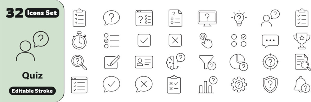 32 Quiz Vector Outline Icons Set &ndash; Question, Answer, Test, Exam, Knowledge, Assessment and Educational Line Symbols Collection
