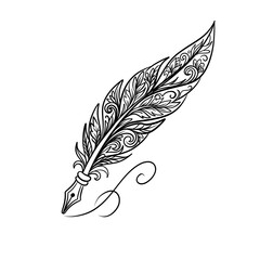 Ornate Feather Pen Line Art Illustration Isolated on White Background © littlemagic