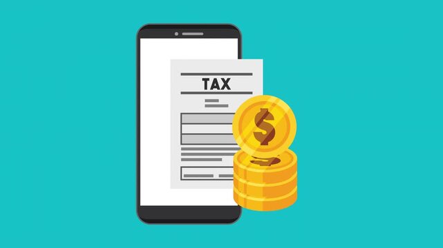 Smartphone displaying tax document with animated coins for online tax payment.