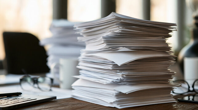 Hoher Papierstapel mit Dokumenten liegt auf Schreibtisch im unscharfen B&uuml;ro, Symbolbild f&uuml;r B&uuml;rokratie und Aktenberge.