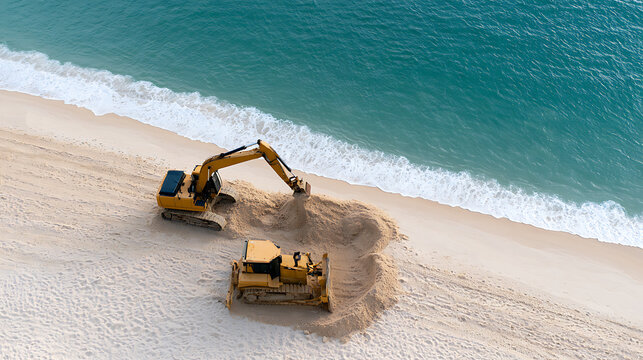 Aerial view of heavy yellow construction machinery excavate and move sand on a pristine tropical beach near turquoise ocean water today