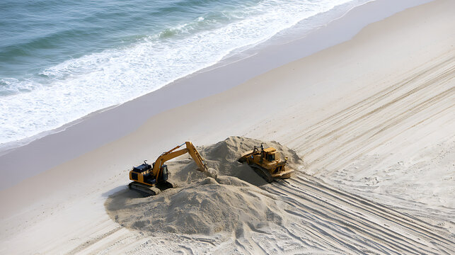 Heavy construction machinery work on beach restoration project near ocean shore with sand dunes and waves during daylight hours in a summer