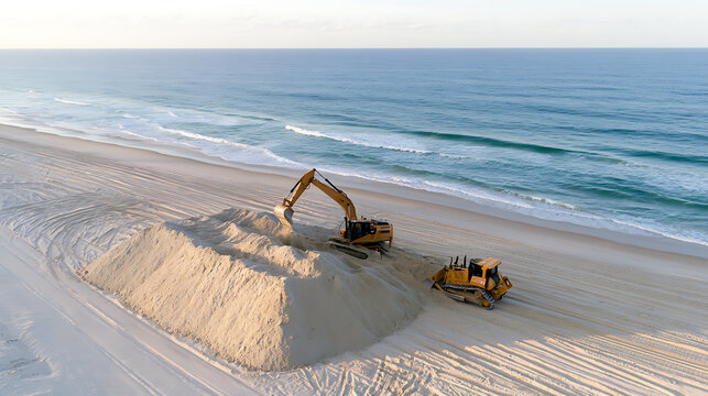 Aerial view of heavy construction machinery excavating and moving sand on a scenic ocean beach during coastal protection and restoration proj