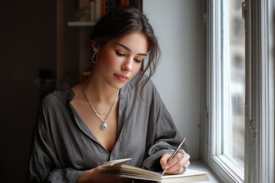 Young woman writing in a journal by the window during a calm afternoon
