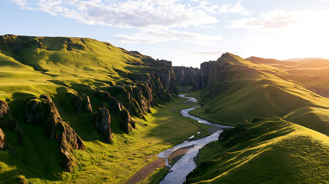 Breathtaking aerial view of a winding river flowing through a lush green canyon gorge under bright sunlight in a scenic nature landscape