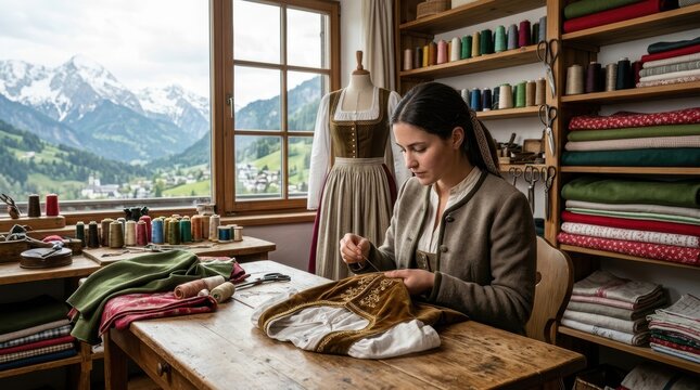 Female Artisan Tailor Sewing Traditional Alpine Folk Costume in Mountain Workshop
