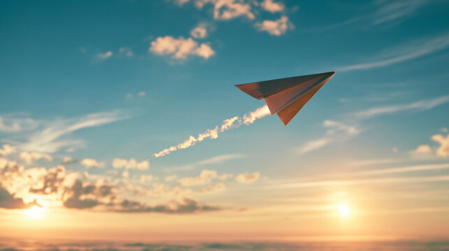 Papierflieger fliegt &uuml;ber Ozean bei Sonnenuntergang, Symbolbild f&uuml;r Freiheit, Reisen und neue Ideen.