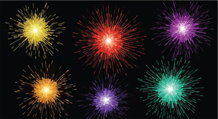 Fototapeta premium Colorful abstract burst elements resembling fireworks or light explosions arranged on a dark background.