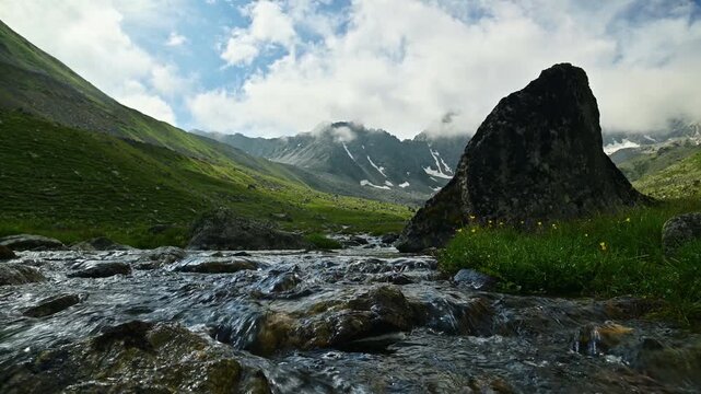 Rushing mountain stream in green alpine valley