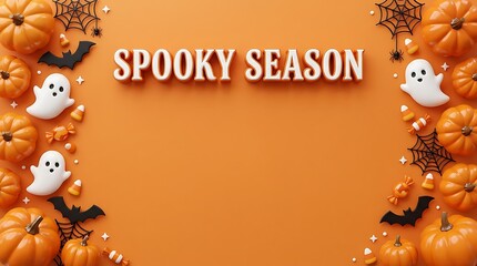 Fototapeta premium halloween spooky season text on orange background with pumpkins bats ghosts and candy corn.