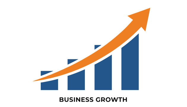 Business growth graphic featuring four blue vertical bar charts and a prominent orange arrow curved upwards.