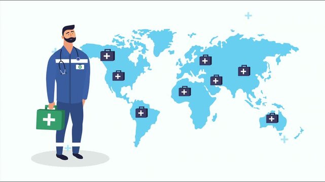 Medical professional standing with first aid kit and world map motion graphics representing global healthcare services and international emergency aid.