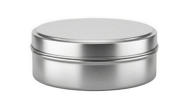 blank round silver metal tin container storage box mockup isolated on transparent background