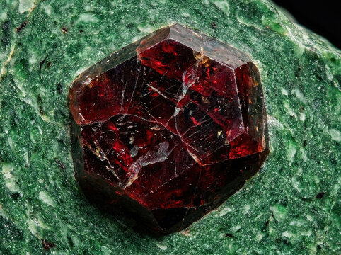 Eclogite garnet crystal in green matrix, showcasing its vibrant red color and unique structure