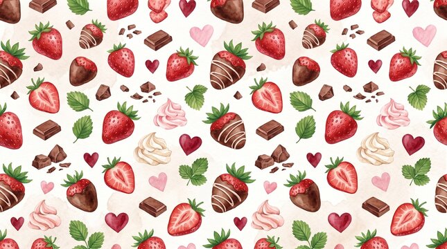 Watercolor seamless pattern with strawberries, chocolate and whipped cream for food design