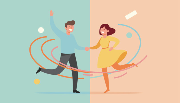 Happy young couple holding hands and dancing together with colorful dynamic swirl lines on a split background.