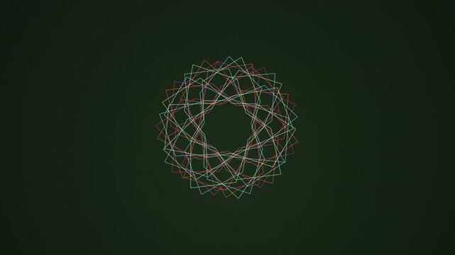 Colorful geometric circular line patterns rotate slowly over a dark deep forest green solid surface