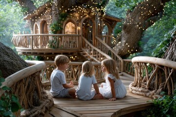 Fototapeta premium Children enjoy storytelling in a whimsical treehouse surrounded by nature