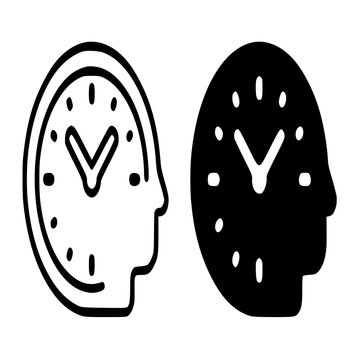 Time management efficiency and human brain clock vector icon set
