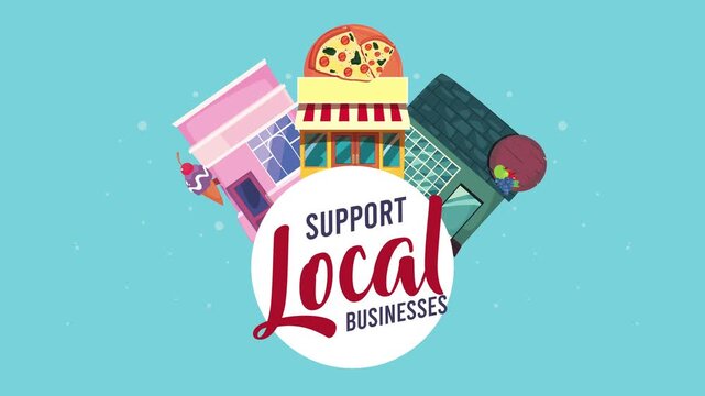 Animated support local businesses campaign featuring colorful cartoon storefronts on blue background.