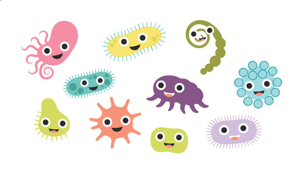 Set of ten colorful cartoon microbes and bacteria with cute smiling faces isolated on a white background.