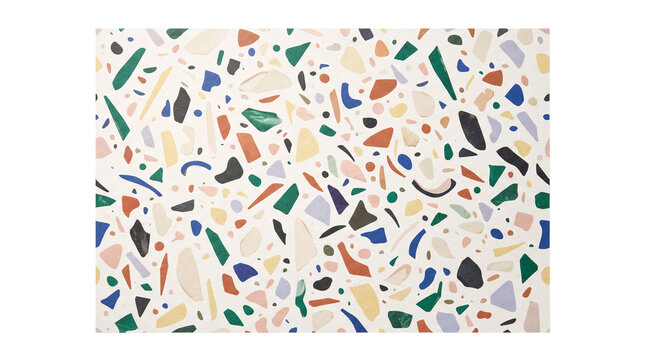 Modern terrazzo pattern background, colorful stone chips on white surface, vibrant mosaic texture for interior design and decor