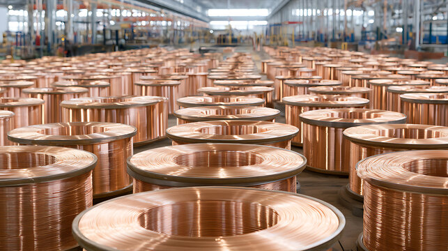 Industrial warehouse interior filled with rows of large metal spools holding shiny copper wire coils ready for distribution and trade