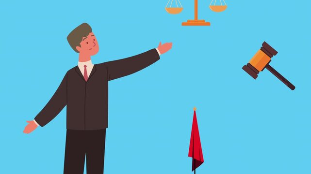 Professional lawyer in a suit poses as legal elements such as scales of justice, law books, a gavel, and a flag float around him representing the judicial system.