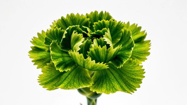Time-lapse of vibrant green carnation flower blooming against a bright white background, showcasing intricate detail