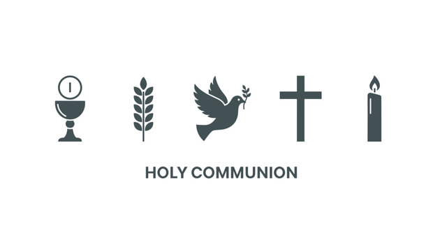 Holy communion icon set featuring sacred Christian elements including a chalice, ear of wheat, peace dove, cross, and candle.