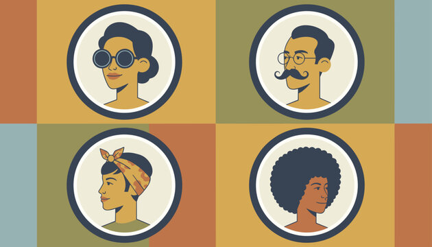 Retro style set of four diverse circular portraits featuring men and women with unique hairstyles, glasses, and accessories.