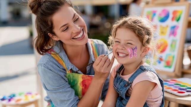 Child&rsquo;s Face Painting Artist with a Happy Little Girl