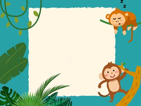 Monkeys on tree branch with jungle leaves and square frame