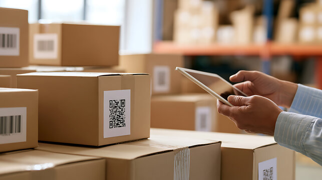 Warehouse manager check inventory with digital tablet computer scan parcel box barcode in storage fulfillment center import export logistics industry