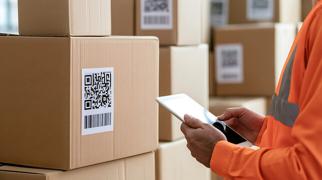Warehouse worker use tablet computer to scan QR code on cardboard box parcel package for inventory management system and logistics supply chain