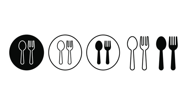 fork and spoon icon set in circular and standalone styles, dining cutlery symbols collection, restaurant kitchen tableware elements isolated on light background