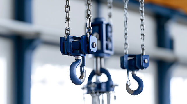 Industrial heavy duty lifting chain and steel hook equipment hanging inside a modern manufacturing facility workshop for material transport