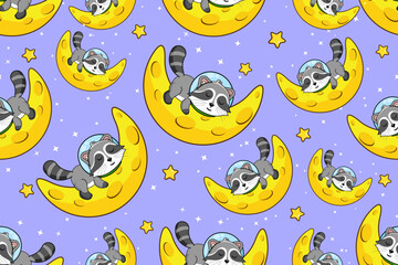Cute Raccoon Astronaut Sleeping on Moon Seamless Pattern Background © Dee Vector