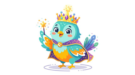 Naklejka premium Cute cartoon bird with crown and magic wand, fantasy creature, whimsical illustration