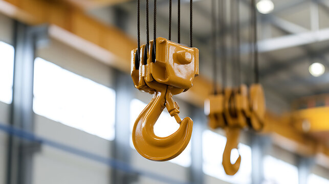 Industrial yellow crane hook and metal wire rope block system inside large modern manufacturing factory warehouse for heavy material lift
