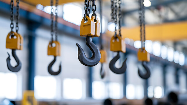 Industrial heavy crane hooks and chains hanging in a large manufacturing factory warehouse, ready for machinery lift and heavy material work