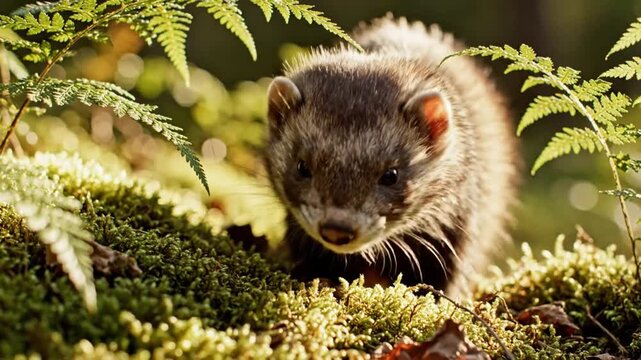 Cute European Polecat Sniffing Around in Green Forest Moss and Ferns with Sunlight Shining on its Face