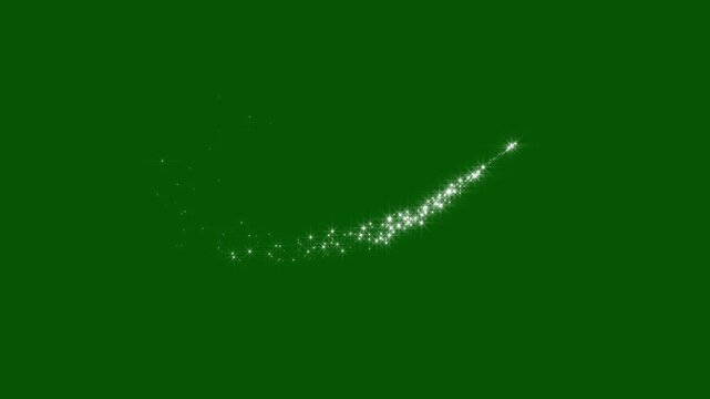 Magical glitter star dust trail with twinkling white sparkles, glowing fairy particles and cartoon doodle stars forming a shimmering light path, seamless loop animation on green screen background, 4K