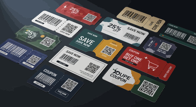 Various discount coupons with qr codes and barcodes for shopping promotions