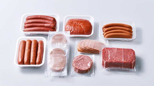 Assorted fresh meat products neatly packaged in clear plastic trays and wrappers, displayed on a clean light surface for commercial food use